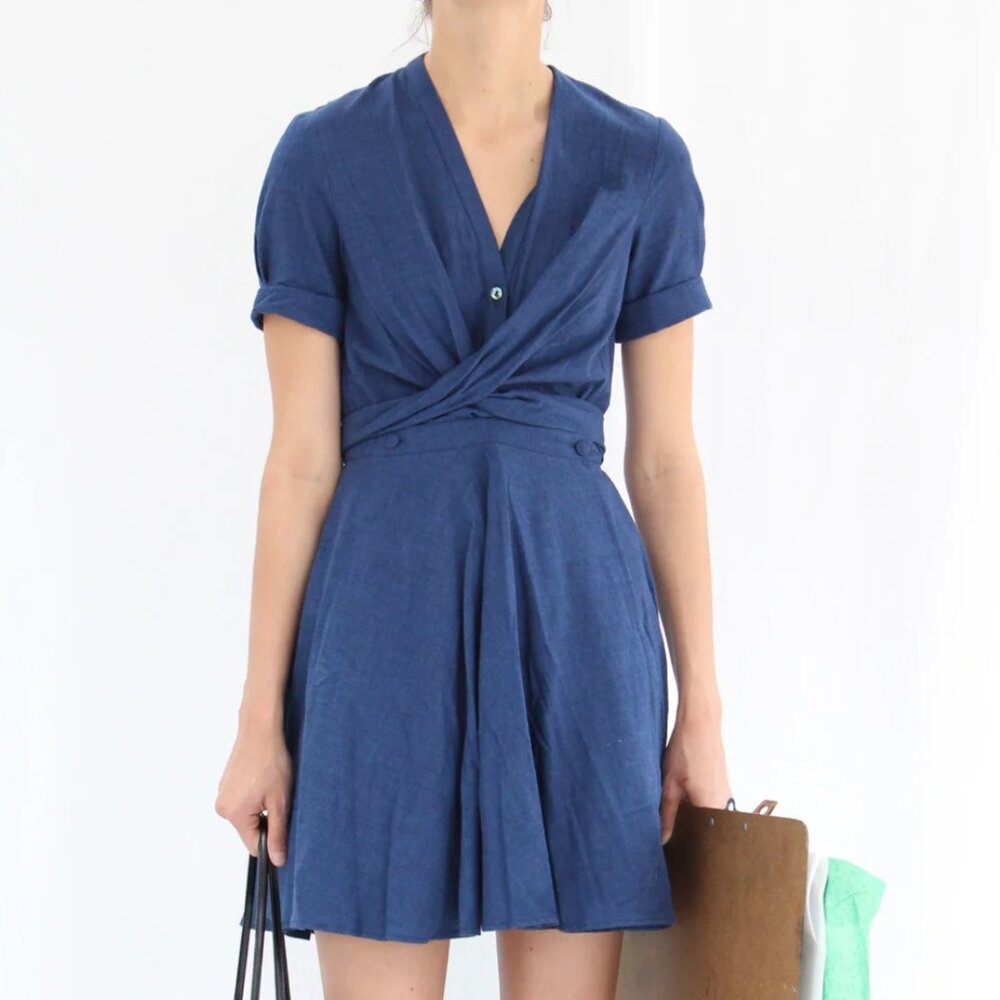 Heinui Dress Women XS Blue Twist Front Cotton Chambray Wrap